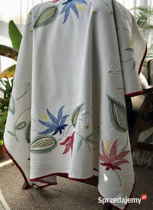 Biały obrus vintage ręcznie haftowany liście mazowieckie Warszawa sprzedam