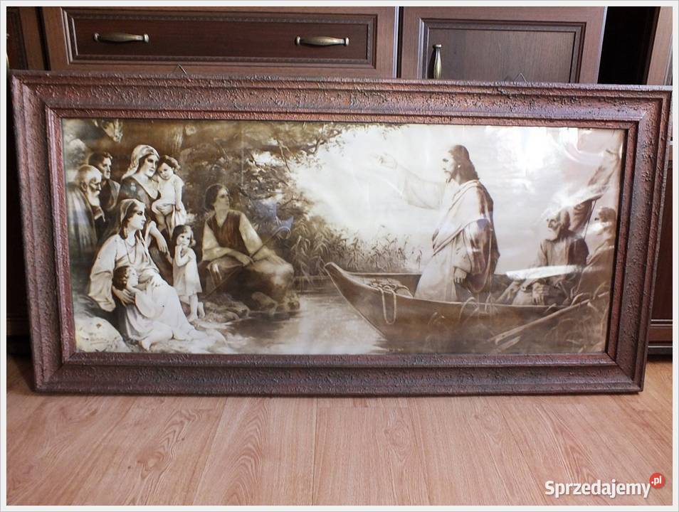Stary duży obraz Jezus na łodzi 135 x 67 Żary