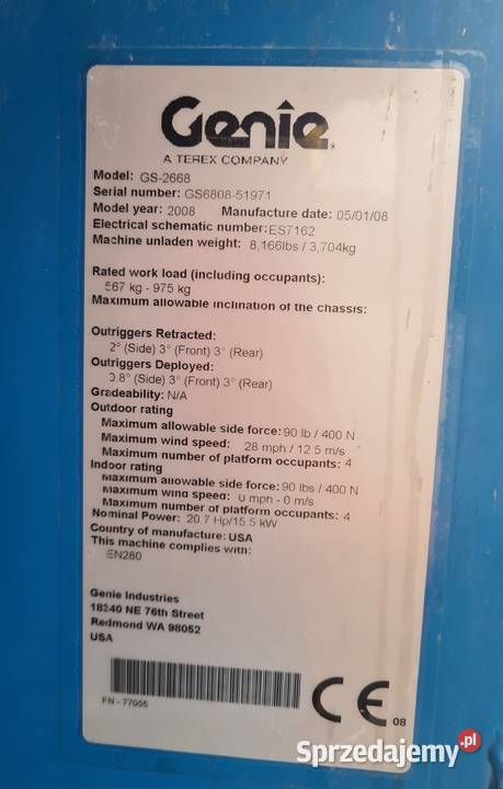 Podnośnik nożycowy spalinowy Genie GS2668RT wys Dąbrowa Tarnowska sprzedam