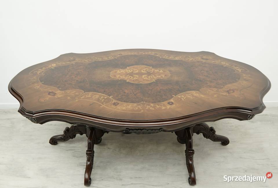 Intarsjowany stół i 8 krzesła Francja lata Jerka