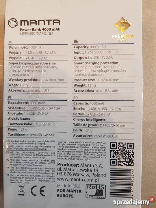 Powerbank MANTA MPB940 Carbon 4000 mAh Kabel