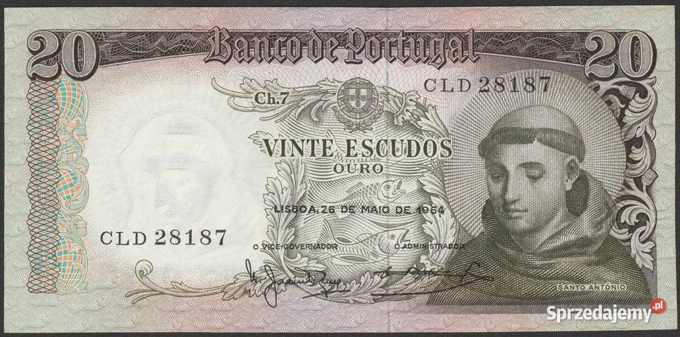 PORTUGALIA 20 ESCUDOS 1964 STAN BANKOWY UNC Łódź