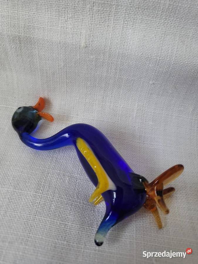 Figurka piękna szklo kobalt KACZUSZKA ręczna Łódź