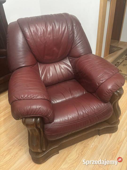 Komplet wypoczynkowy skórzany – sofa 3-osobowa + 2 fotele | kolor wiśnia
