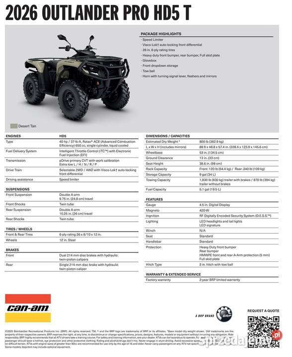 CanAm Outlander Pro STD T HD5 2026 1HTG T3b quad elektryczny starter małopolskie Nowy Sącz