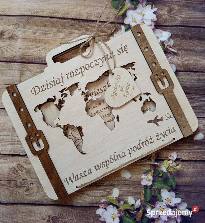 Drewniana walizka ślubna na pieniądze z Bełchatów
