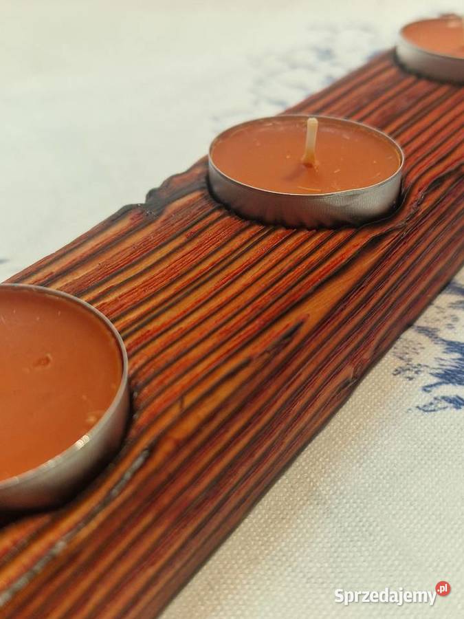 Świecznik Shou Sugi Ban drewno świerkowe pomarańczowy Sępopol