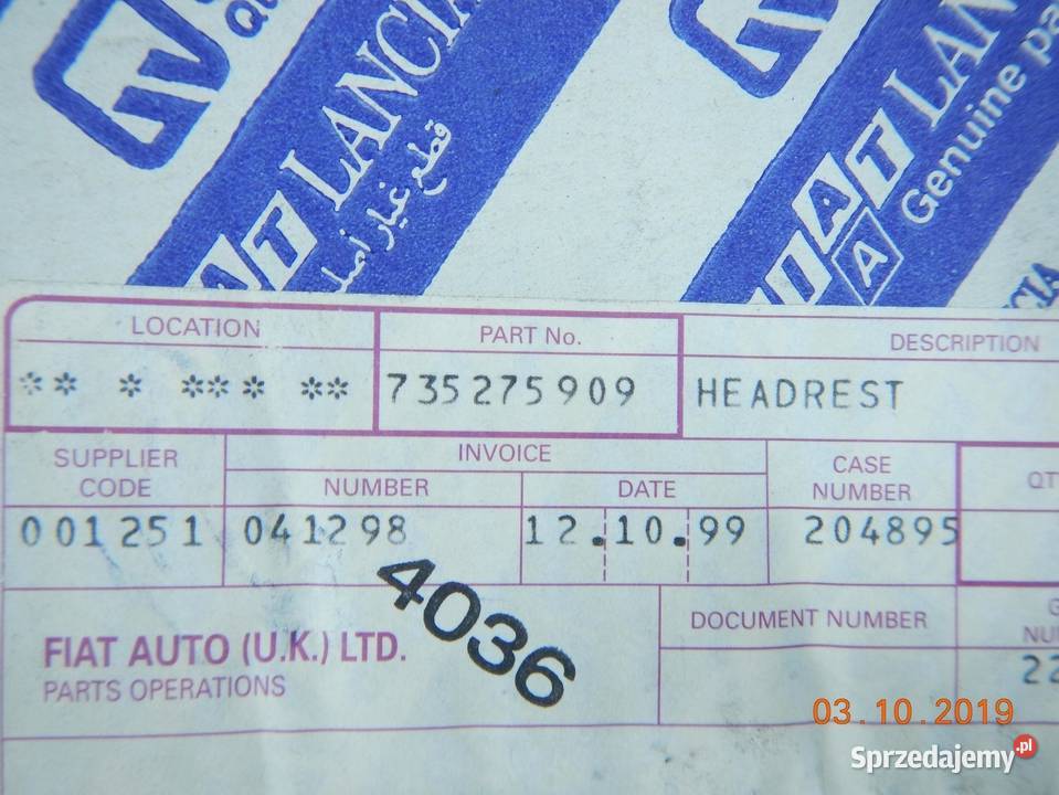 ZAGŁÓWEK TYLNY FIAT PUNTO 99 ASO lubelskie
