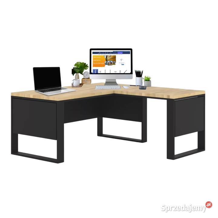 Biurko Narożne Drewno Dębowe Stalowy Stelaż z Gdów