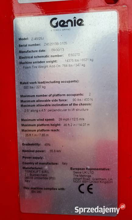 Podnośnik spalinowy koszowy Genie Z4525J wys rob Dąbrowa Tarnowska