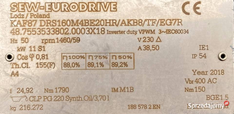 motoreduktor przekładnia 11kW 59obr HAMULEC SEW Pigża