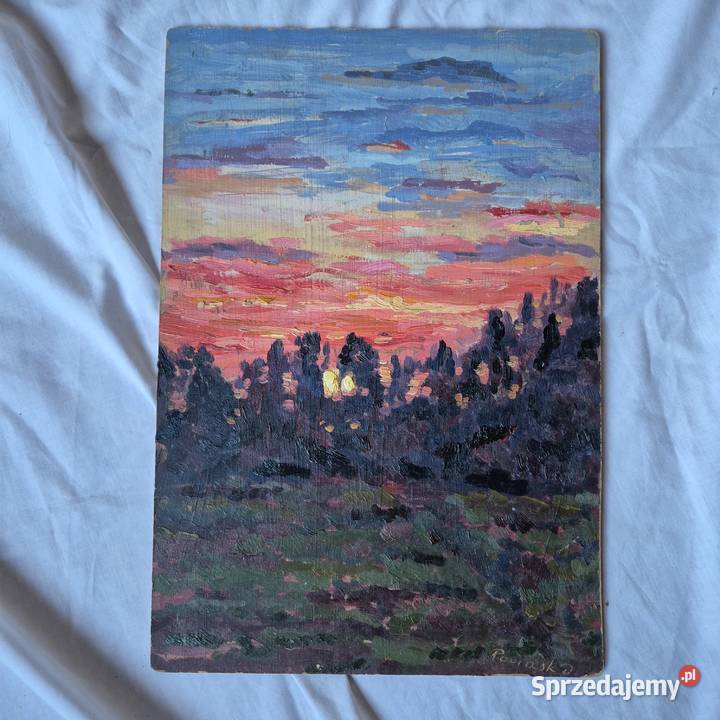 Stary obraz olejny na desce sygnowany Malarstwo Brzesko