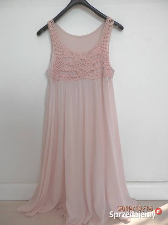Sukienka Pudrowa Ażur Koronka Boho Przewiewna Łomża