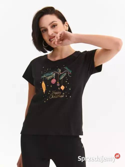 czarny tshirt ze świątecznym nadrukiem Top