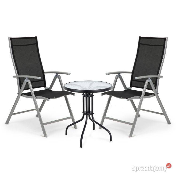 Srebrny komplet mebli ogrodowych stolik szklany + 2 krzesła