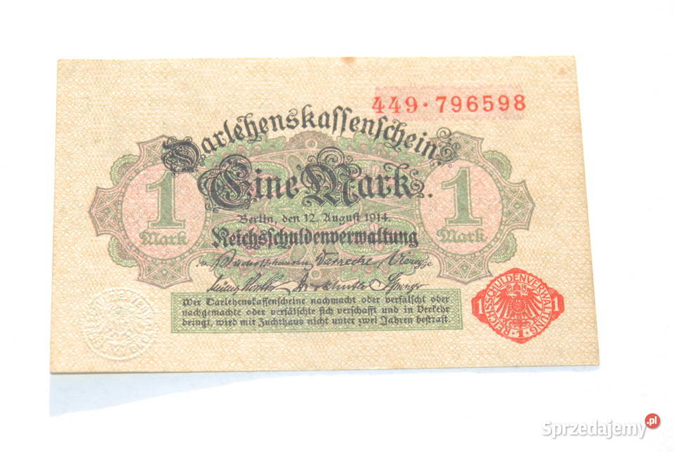 Stary banknot 1 Marka mark Niemcy 1914 antyk