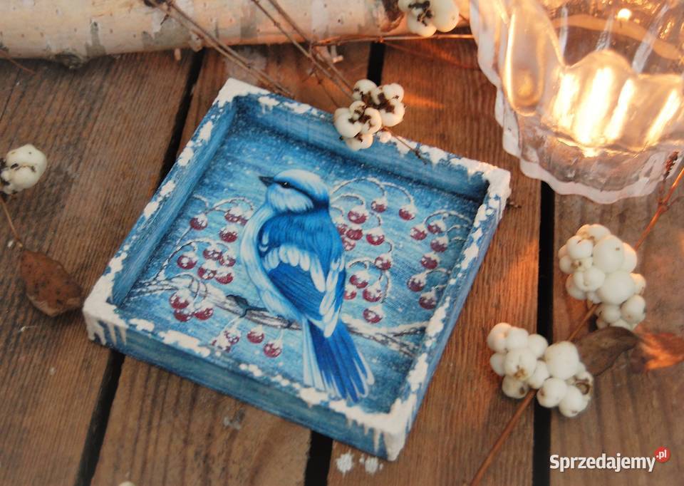 Drewniana tacka malowana ptak sikora lazurowa Lublin