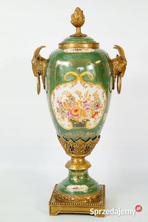 Porcelanowy wazon okuty brązem świecznik zielony Gizałki