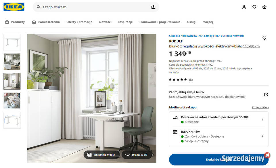 Biurko regulowane elektrycznie Ikea Rodulf Kraków sprzedam