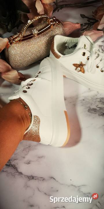 buty sportowe sneakers białe złote pszczółki