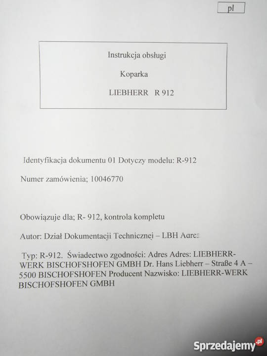 INSTRUKCJA OBSŁUGI DTR LIEBHERR R912 i iNNE Szczecin sprzedam