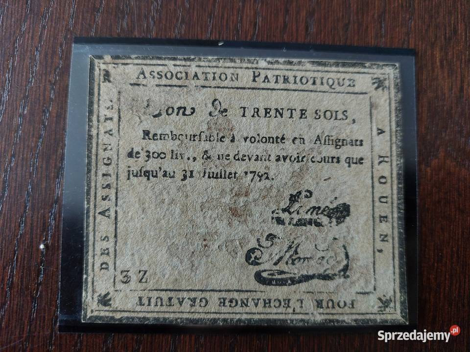 Banknot Rewolucji Francuskiej 1792r 1793r Konin