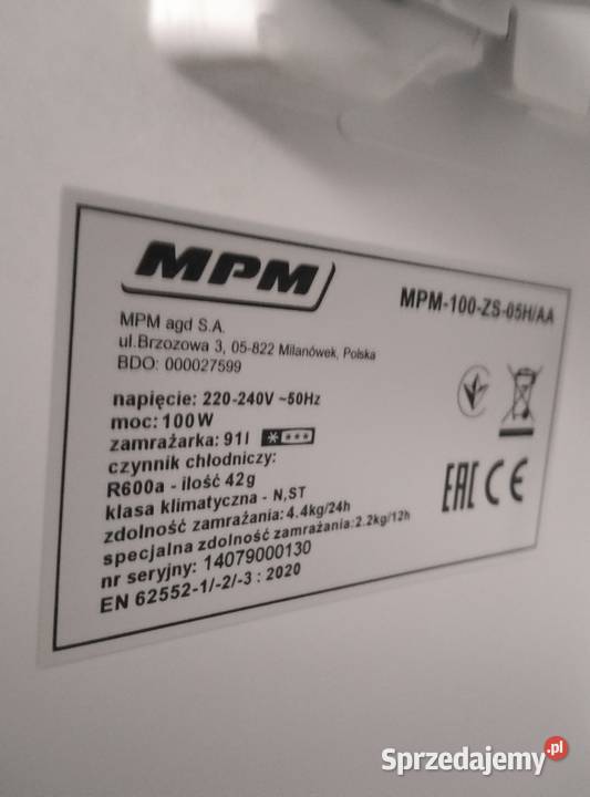 Sprzedam zamrażarkę MPM 100 ZS 60cm Barczewo