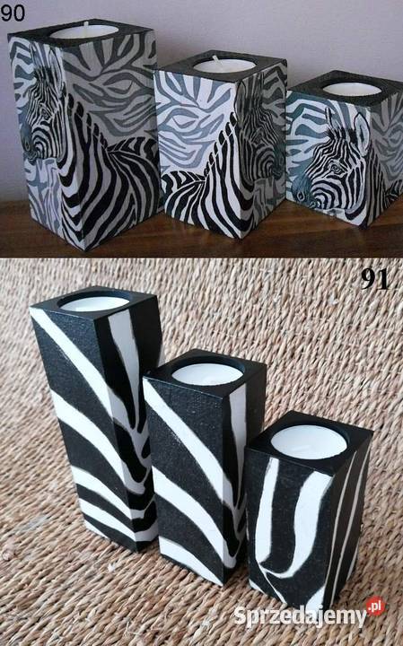 Świeczniki drewniane świeczki sowa zebra wzory Halinów