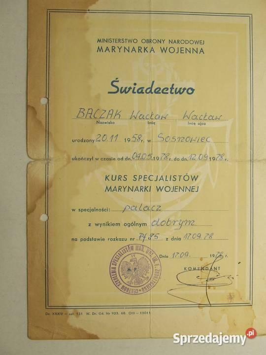 Świadectwo kurs Marynarki Wojennej palacz na Czeladź