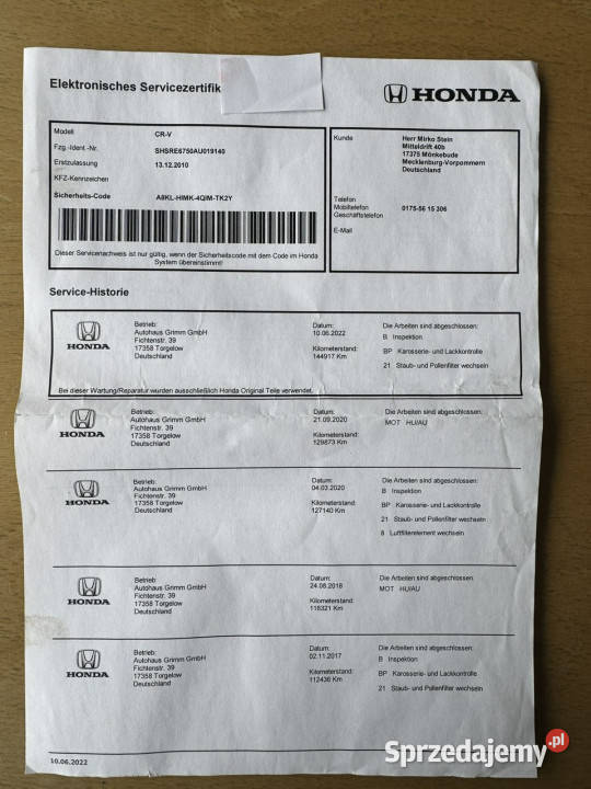 Honda CRV elektryczne lusterka Szczecin