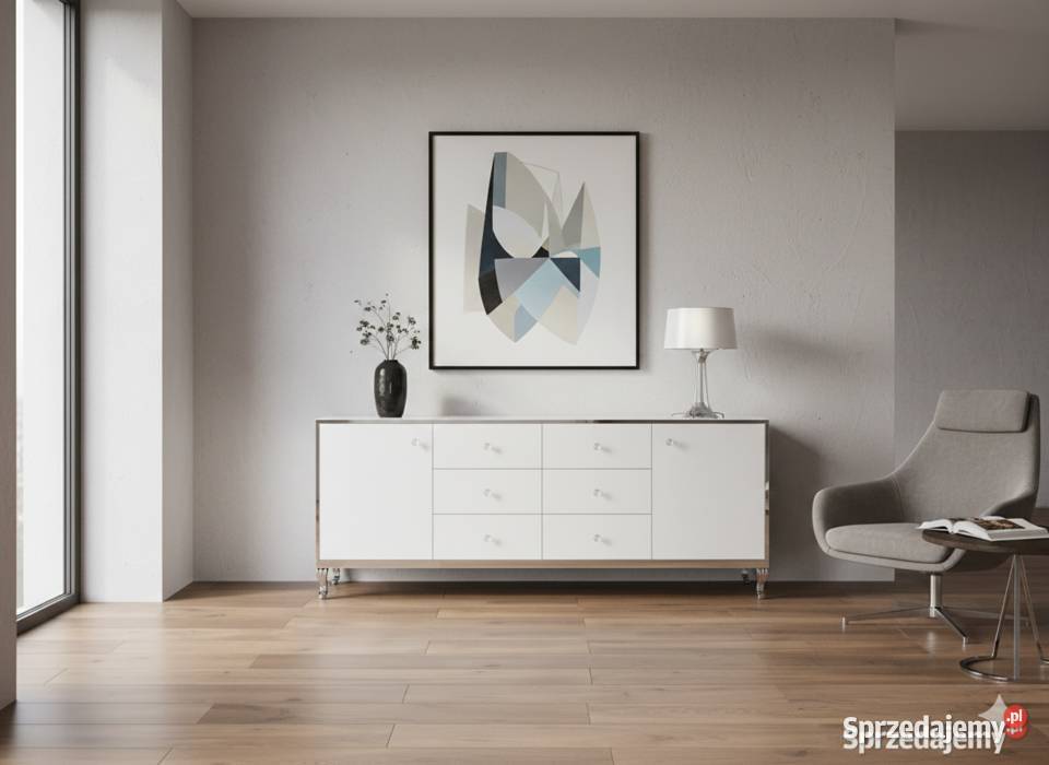 Komoda biała lustrzana glamour noga Ludwik chrom Kępno