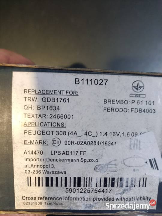 Nowe klocki hamulcowe peugeot 308 16vti 2007 śląskie Blachownia