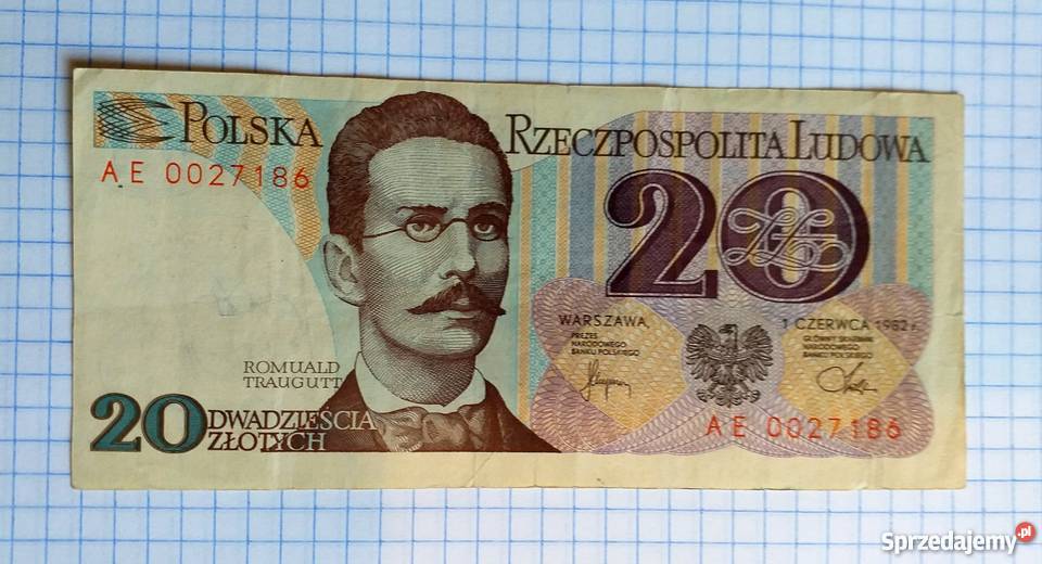 BANKNOT 20 ZŁOTYCH 1982 SERIA AE 0027186 Piszczac