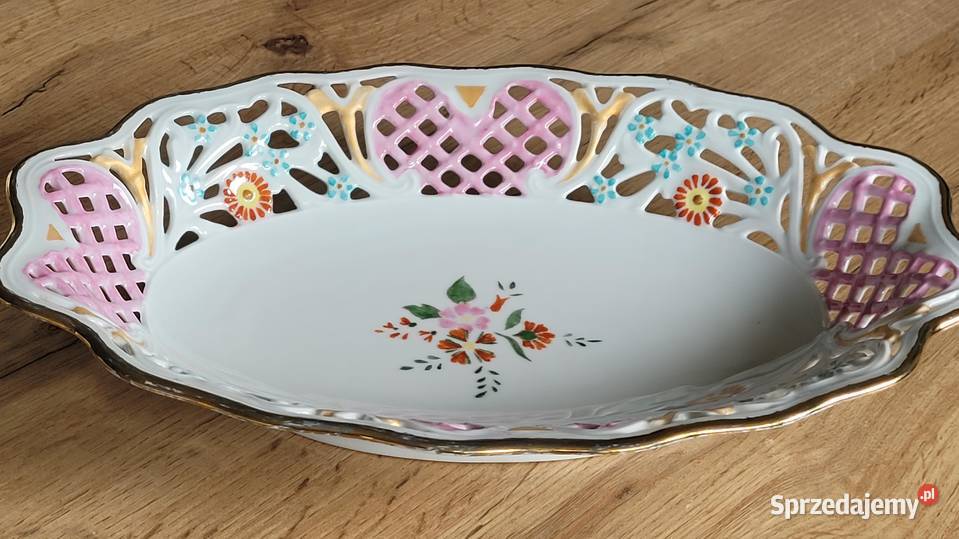 Ręcznie malowana owalna patera ażurowa kratka Porcelana i szkło sprzedam