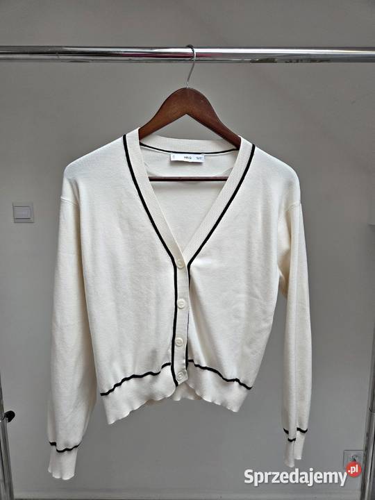 Kremowy sweter kardigan dekolt w serek z czarną Swetry i golfy Liszki