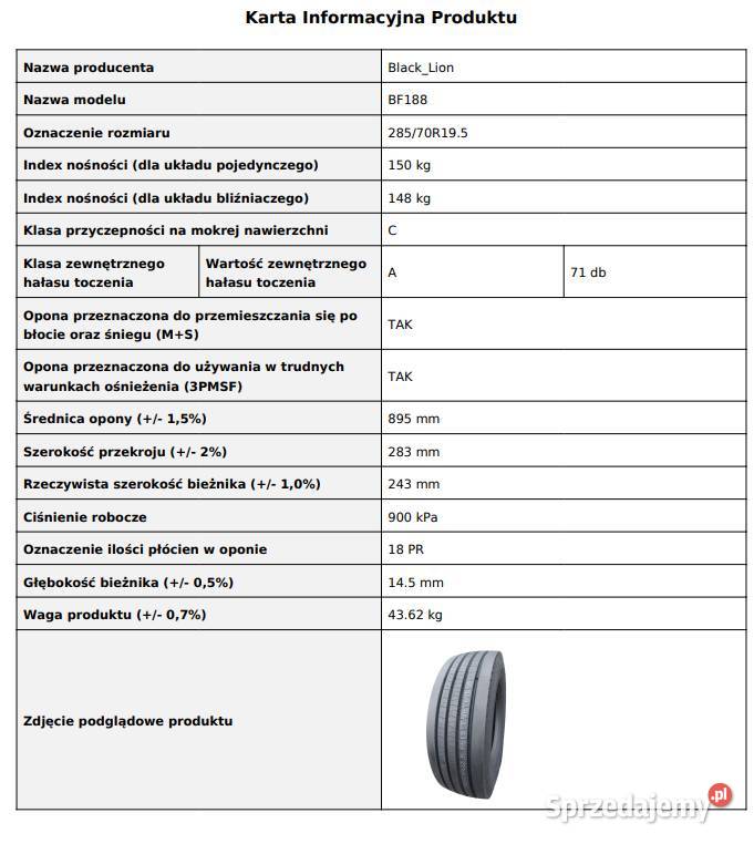 28570 R195 BlackLion BF188 Nowe para 2 sztuki na Ciężarowe Zarębki