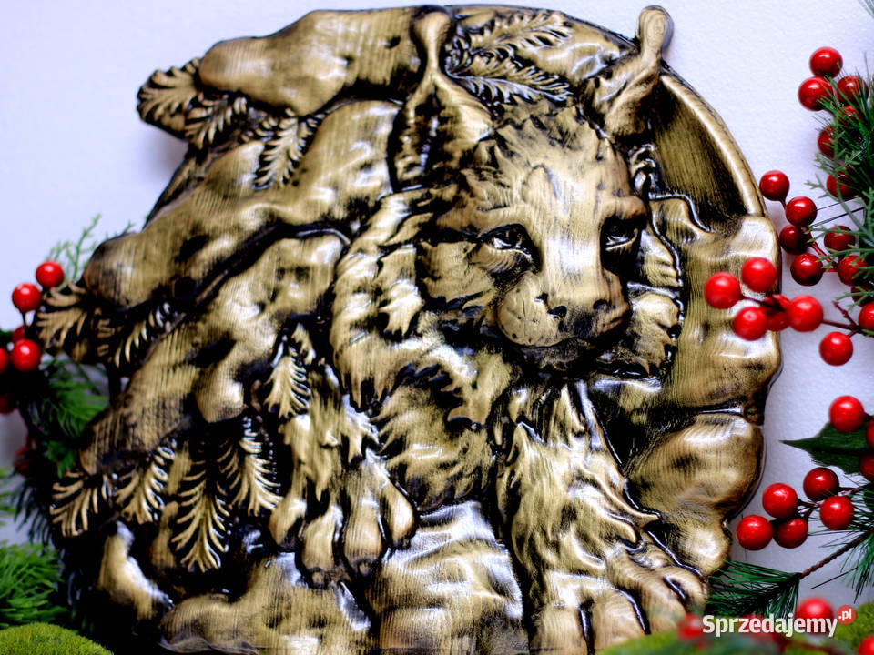Płaskorzeźba drewniana Ryś wersja GOLD podkarpackie