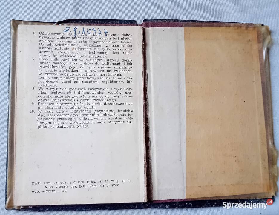 Legitymacja ubezpieczeniowa pracownika PKP 1964 Koźminek