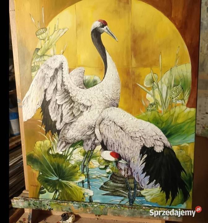 Obraz olejny Żurawie ręcznie malowany żółty Toruń sprzedam