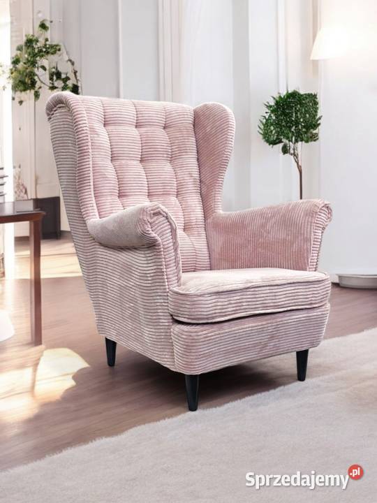 Fotel Uszak Skandynawski Sztruksowy Różowy Fotele Tarchały Małe
