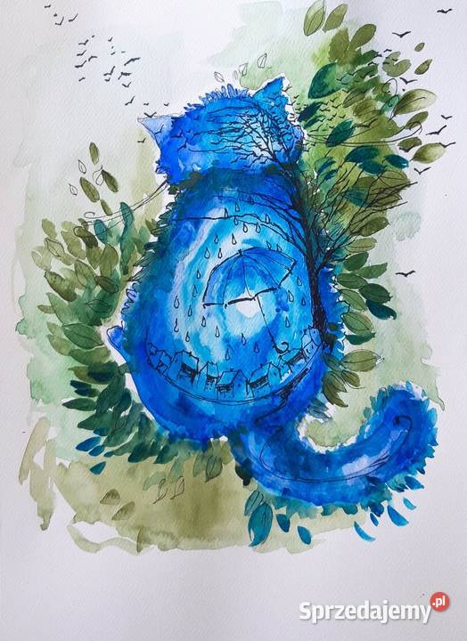 KOT DESZCZOWY akwarela artystki Adriany Laube Katowice