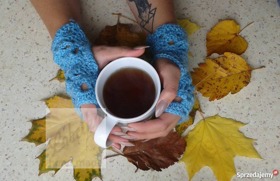 Rękawiczki mitenki niebieskie na szydełku