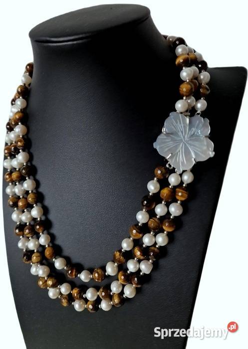 PERŁY NATURALNE I TYGRYSIE OKO NASZYJNIK W STYLU