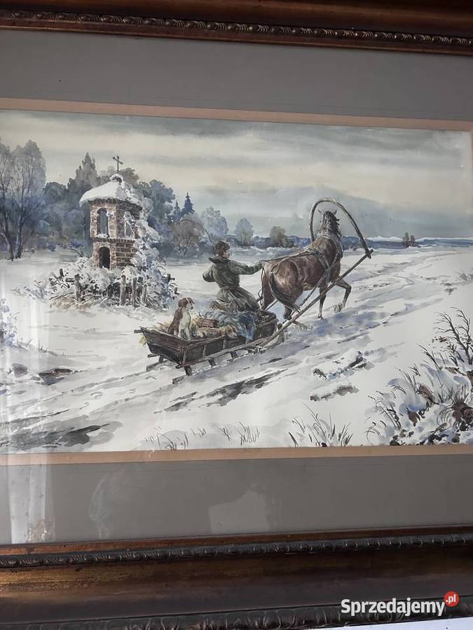 stary obraz sygnowany Wasilewski sanna zima Radomsko