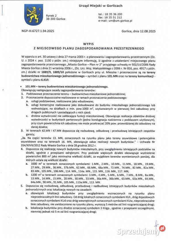 działka budowlana Gorlice Mieszka I 1204 m