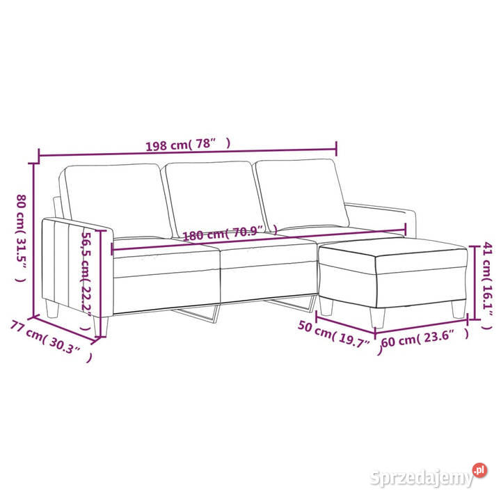 3osobowa sofa z podnóżkiem czarna 180 sztuczna Warszawa