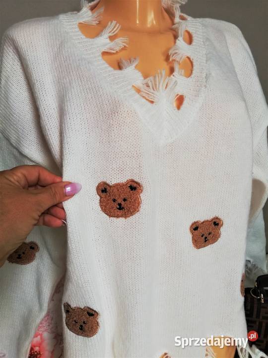 Sweter damski biały dzianina miśki Warszawa