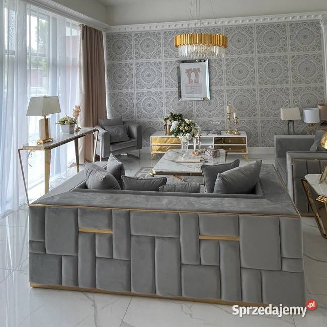 Sofa nowoczesna 3 os Szara Złota Glamour Warszawa