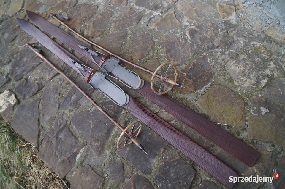 Stare narty jesionowe 198 kijki laskowe podkarpackie Pruchnik