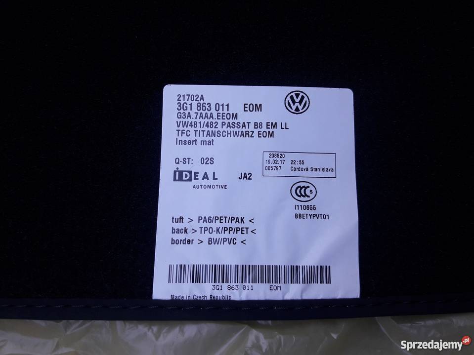 VW Passat B8 dywanik tylny prawy NOWY welur Białystok